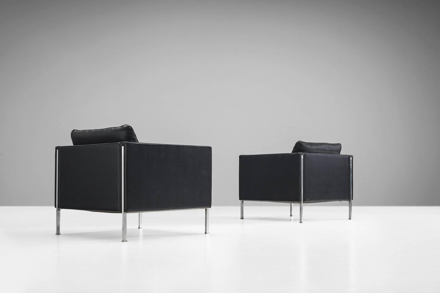 Chairs model '442/3', leather and steel by Pierre Paulin for Artifort, the Netherlands 1962. 

These tufted comfortable chairs shows elegant steel details. The combination of steel and the optional black leather upholstery give these chairs their