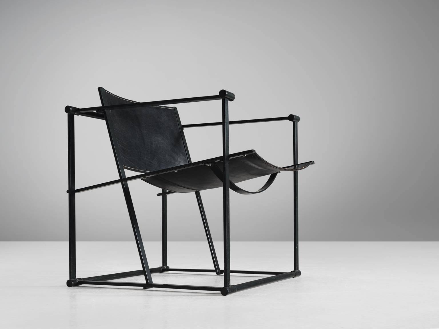 Radboud Van Beekum for Pastoe, armchair model FM61, in steel and leather, the Netherlands, 1981. 

All black version of the cubist armchairs by Radboud Van Beekum. This model was first presented at the 1980 Triennial in Poznan. After which Pastoe