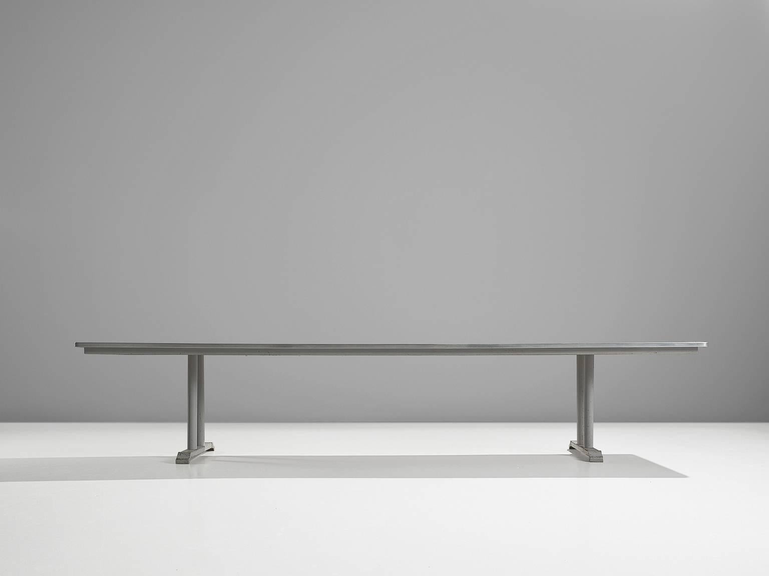 Conference table, linoleum top with aluminium foot, Chris Hoffmann for Gispen, The Netherlands, 1949. 

This four meter long conference table is produced by Gispen (1916-) and designed by Chris Hoffmann. The table features two trestle bases legs.