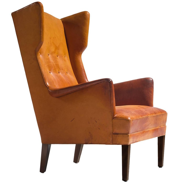 Cognac Wingback Easy Chair Attributed to Frits Henningsen 1