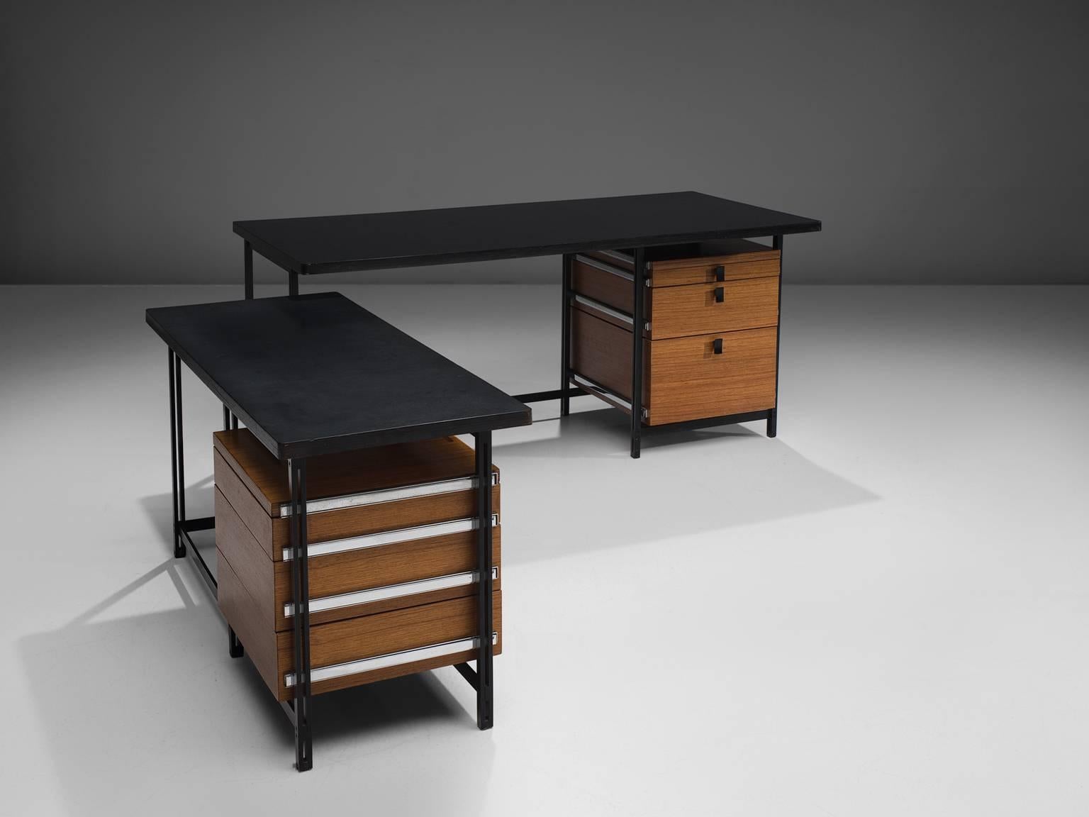 Jules Wabbes, writing desk with drawers, teak, black lacquered metal frame, chrome, Belgium, 1960s

A superb example of an early Belgium executive desk in teak from the 1960s designed by master designer Jules Wabbes. This desk is equipped with a