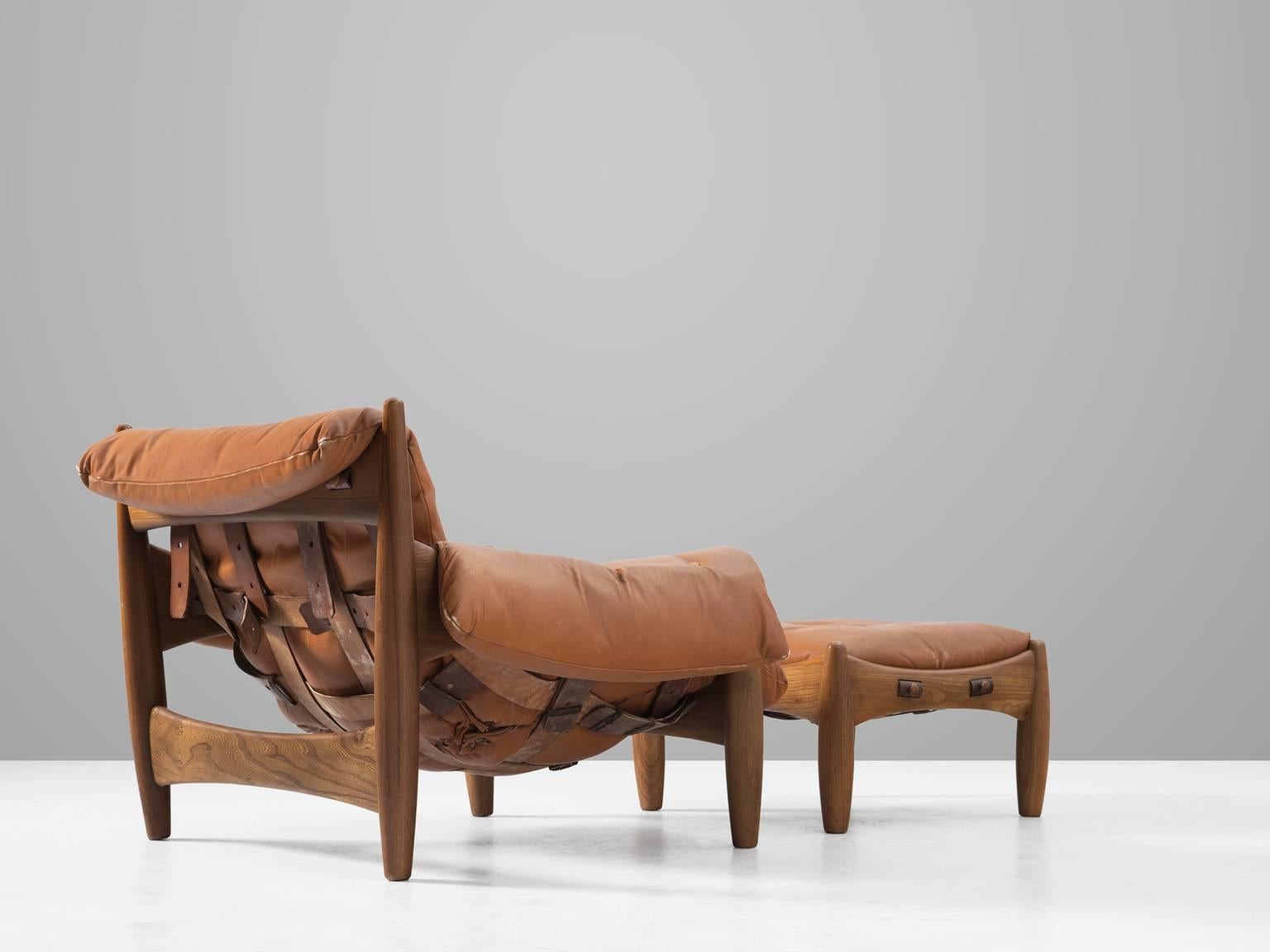 Brazilian Sergio Rodrigues 'Sheriff' Lounge Chair with Ottoman in Original Cognac Leather