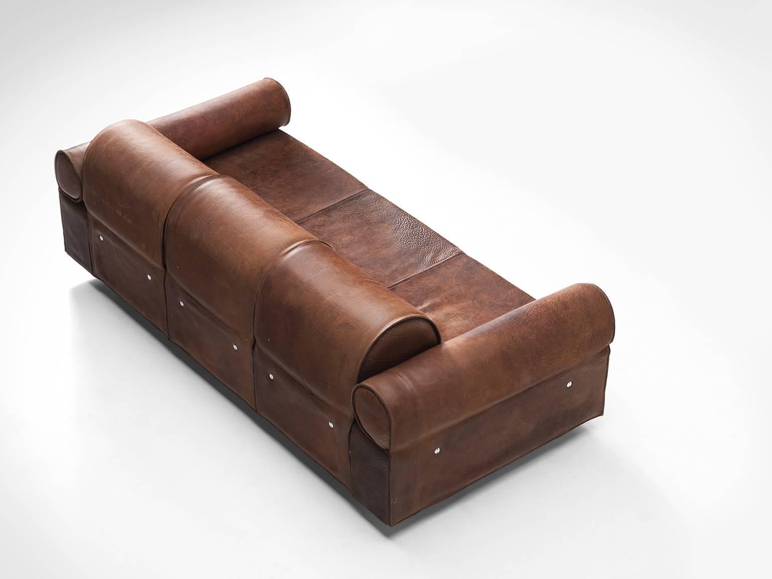 Marzio Cecchi Rare Brown Buffalo Leather Sofa In Good Condition In Waalwijk, NL