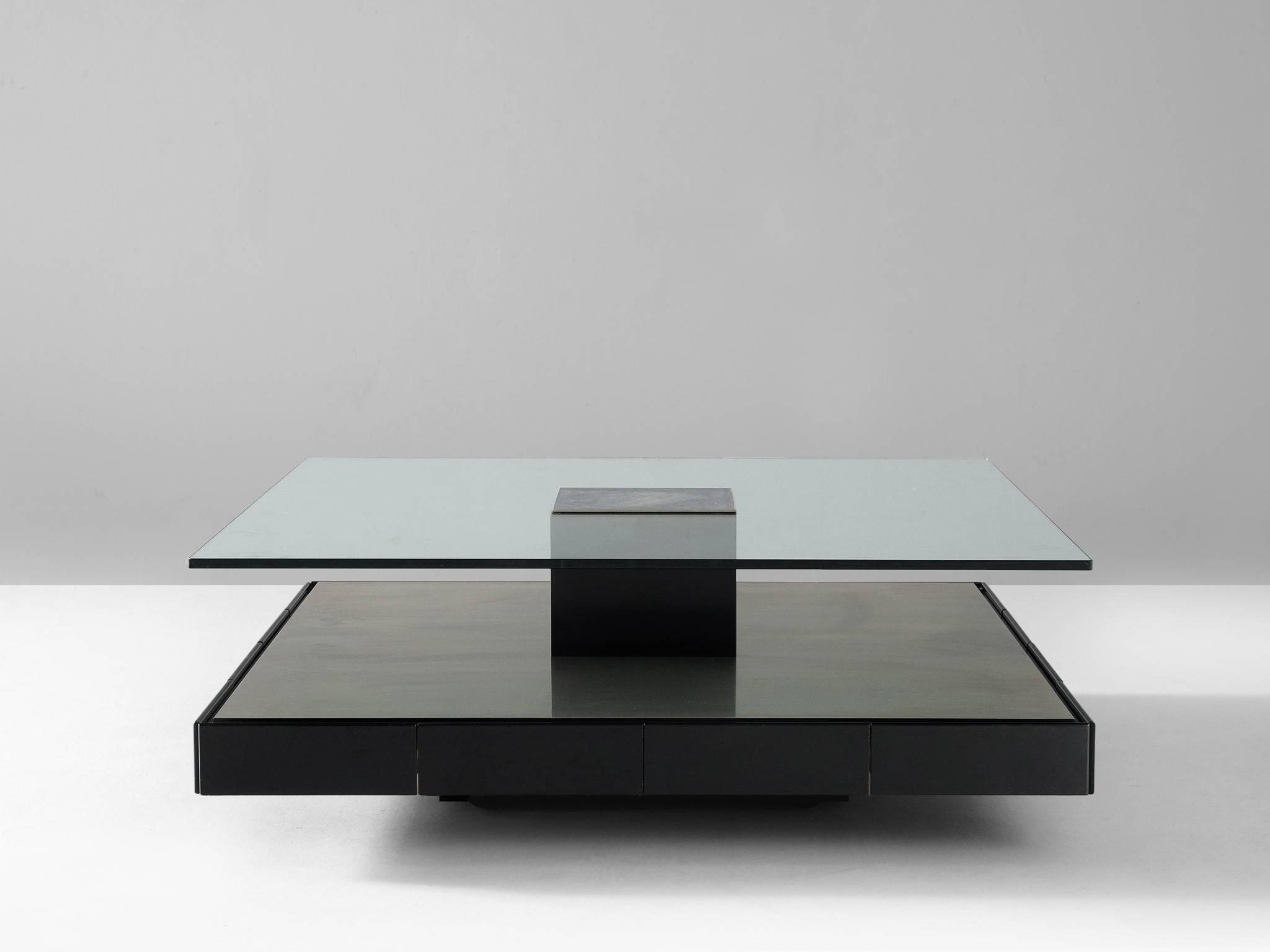 Coffee table model T147, in metal, wood and glass, by Marco Fantoni for Tecno, Italy, 1969.

Minimalistic cocktail table by Italian designer Marco Fantoni for Tecno, Milano. This large table with clean and modern design consist of a raised base in