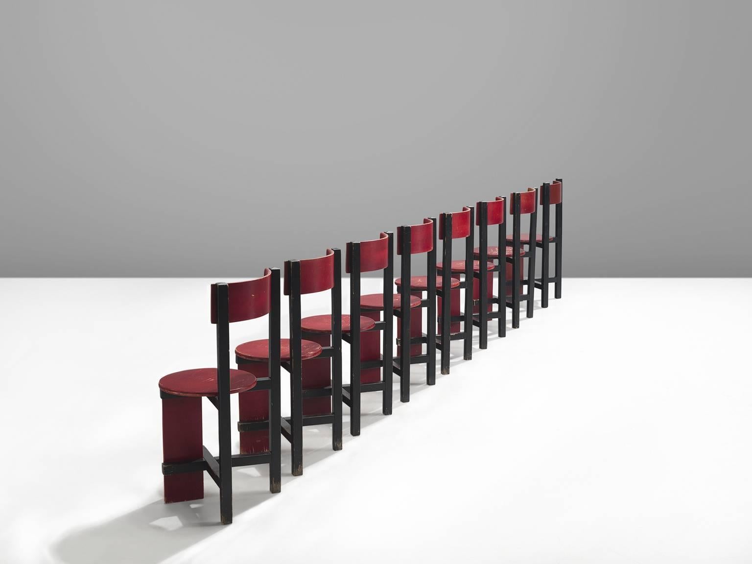 Rare set of eight 'Bastille' chairs, in lacquered wood, by Piet Blom, the Netherlands 1968.

This sculptural set was originally designed for the University of Twente which was nicknamed the 'Bastille'. The chairs were designed in 1968 and only