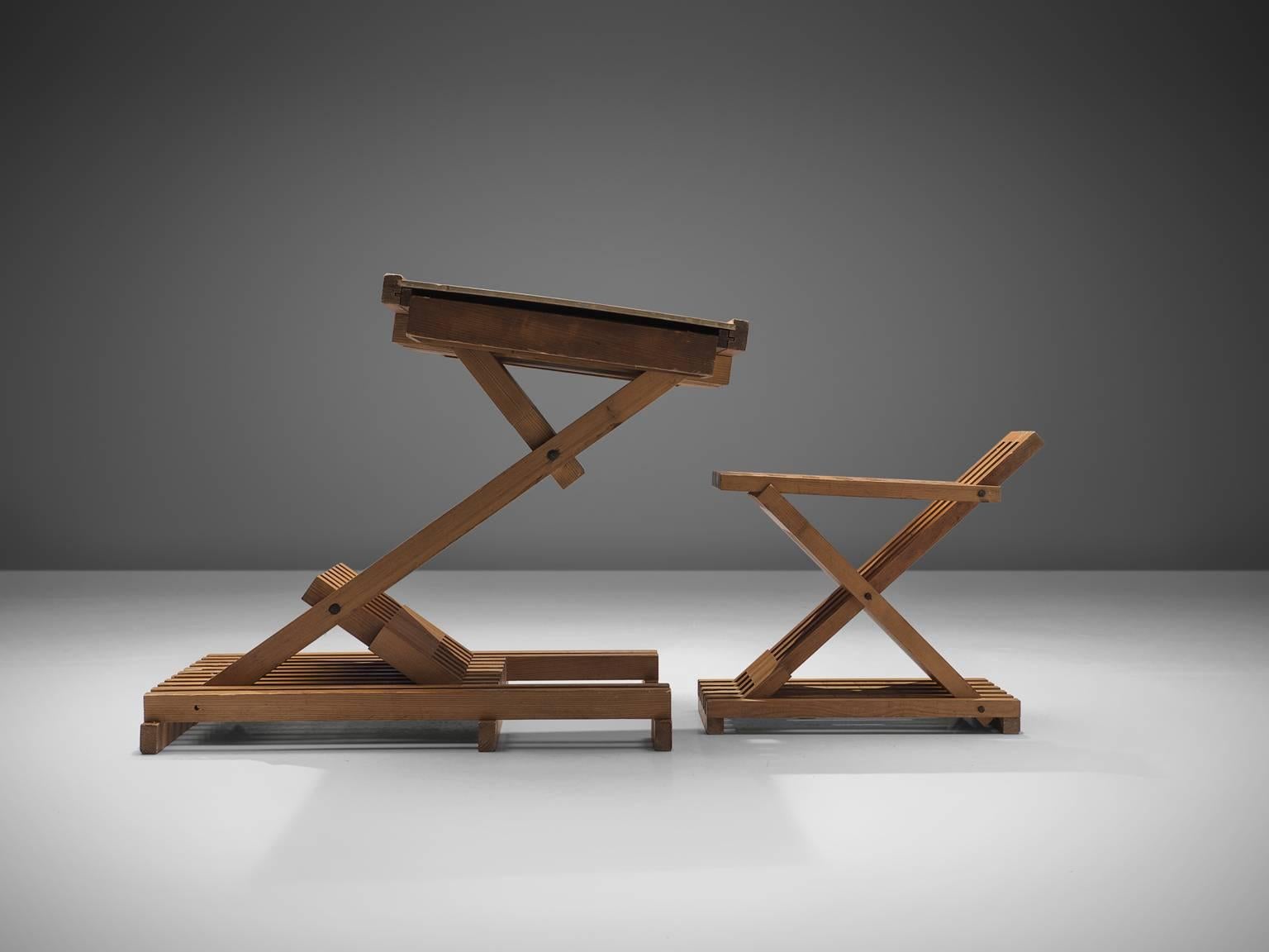 Designer drawing table, pine, France, 1960s. 

This geometric drawing is very architectural in its appearance. It is complex when perceived at first yet functional and simplistic in function. The piece is made of pine and solid in its