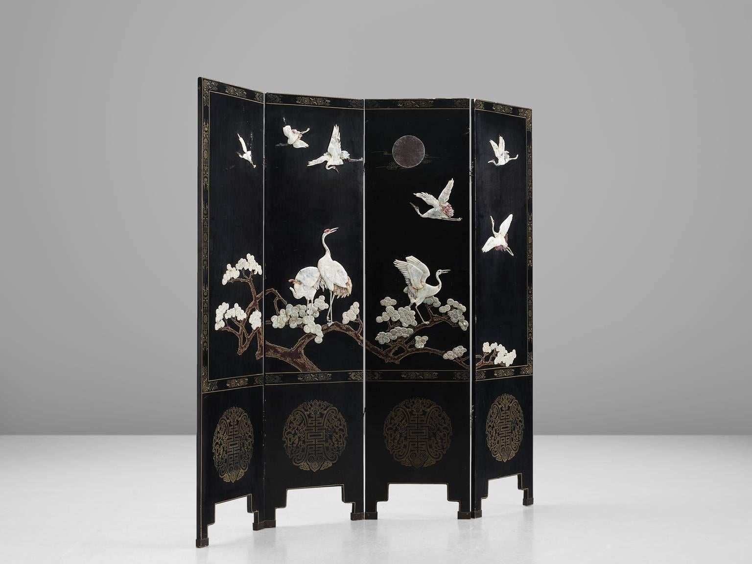European Japonism Room Divider with Cranes and Blossom, 1960s
