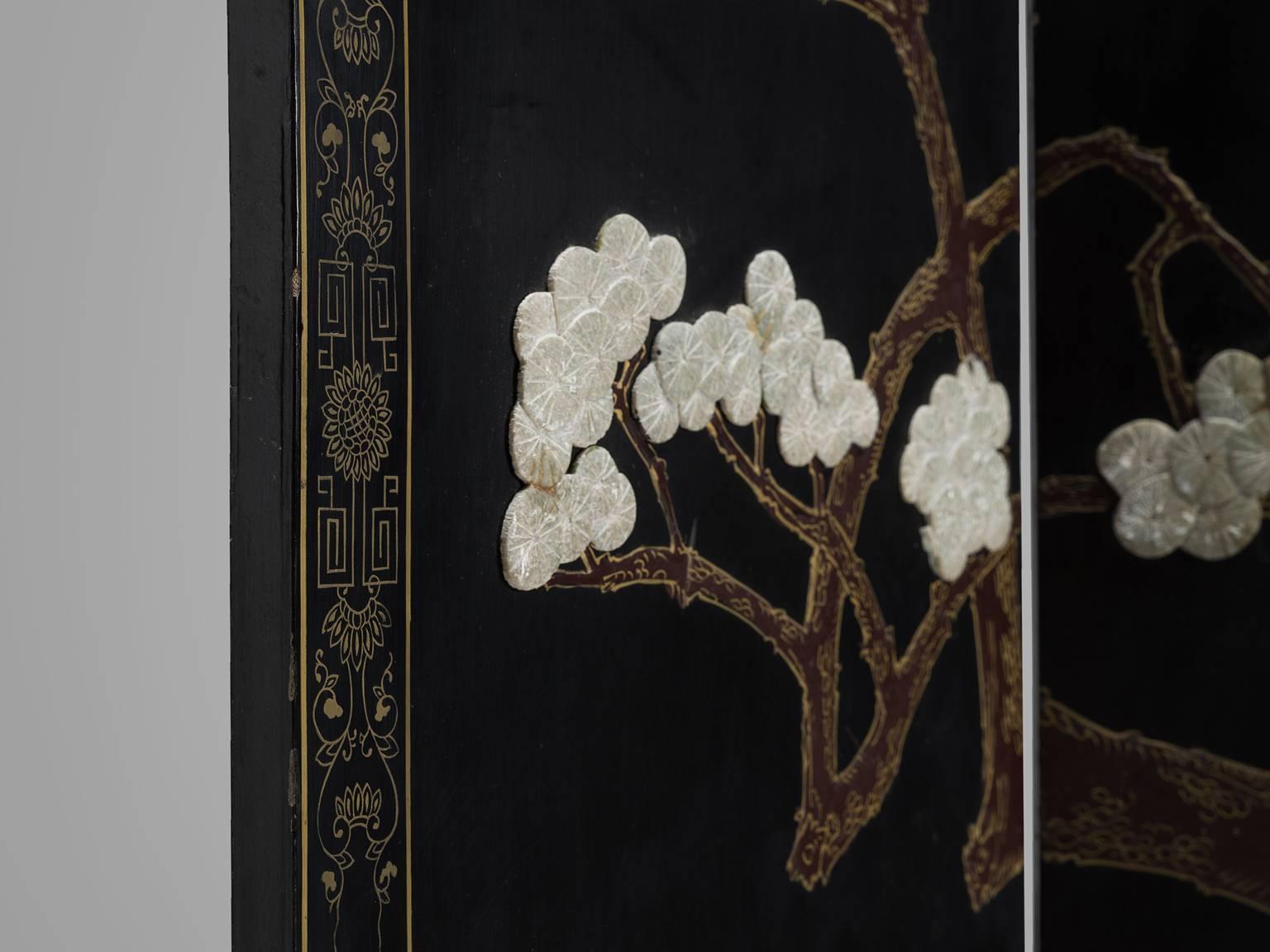 Wood Japonism Room Divider with Cranes and Blossom, 1960s