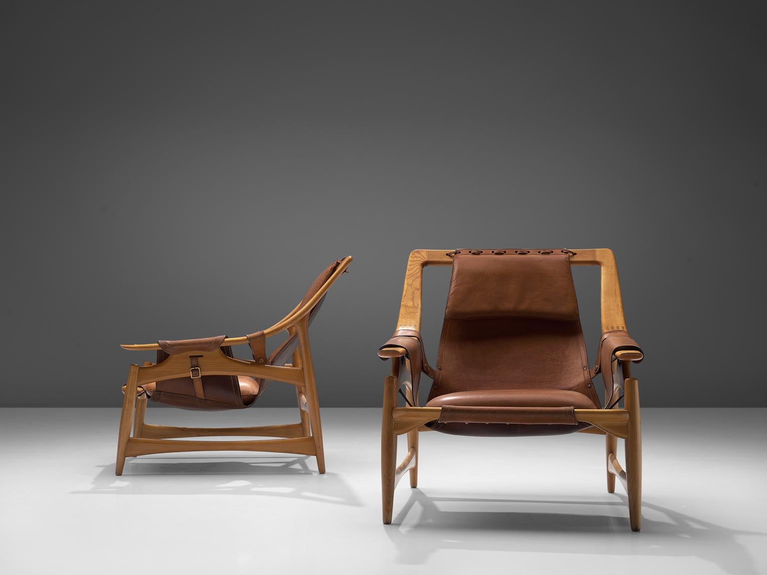 Mid-Century Modern W. Andersag Pair of Lounge Chairs in Teak and Brown Leather
