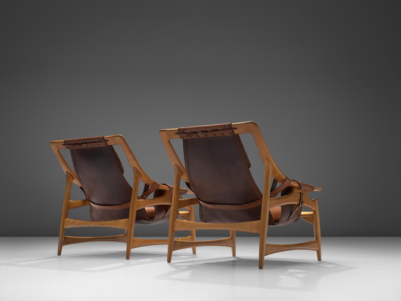 Italian W. Andersag Pair of Lounge Chairs in Teak and Brown Leather