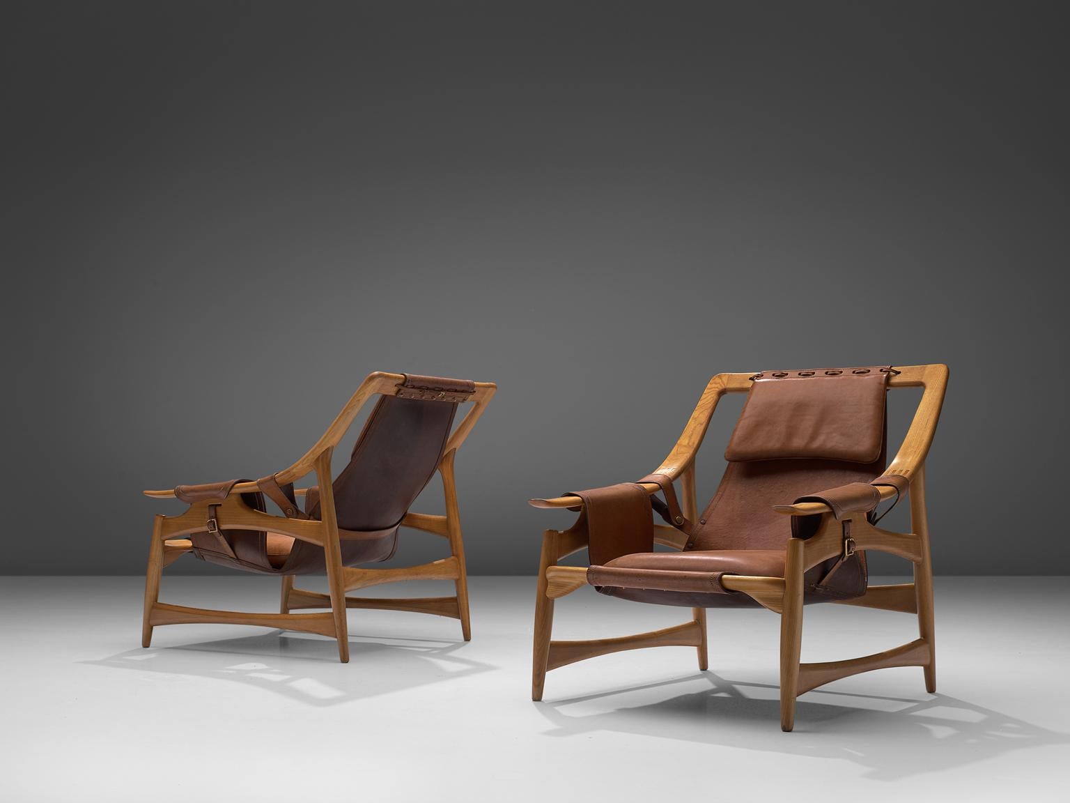 Mid-20th Century W. Andersag Pair of Lounge Chairs in Teak and Brown Leather