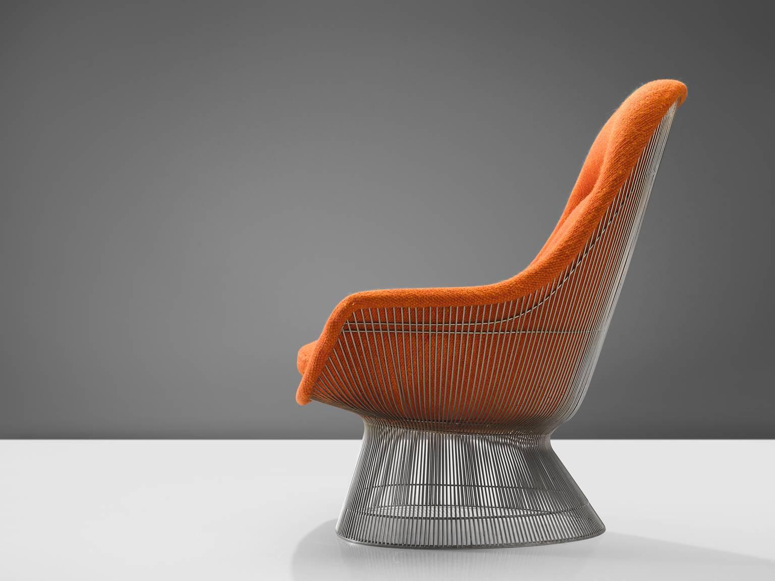 Warren Platner for Knoll, easy chair 'model 1705', nickelled steel and original orange fabric, United States, design 1966, production later

This iconic orange easy chair by Warren Platner is created by welding curved steel rods to circular and