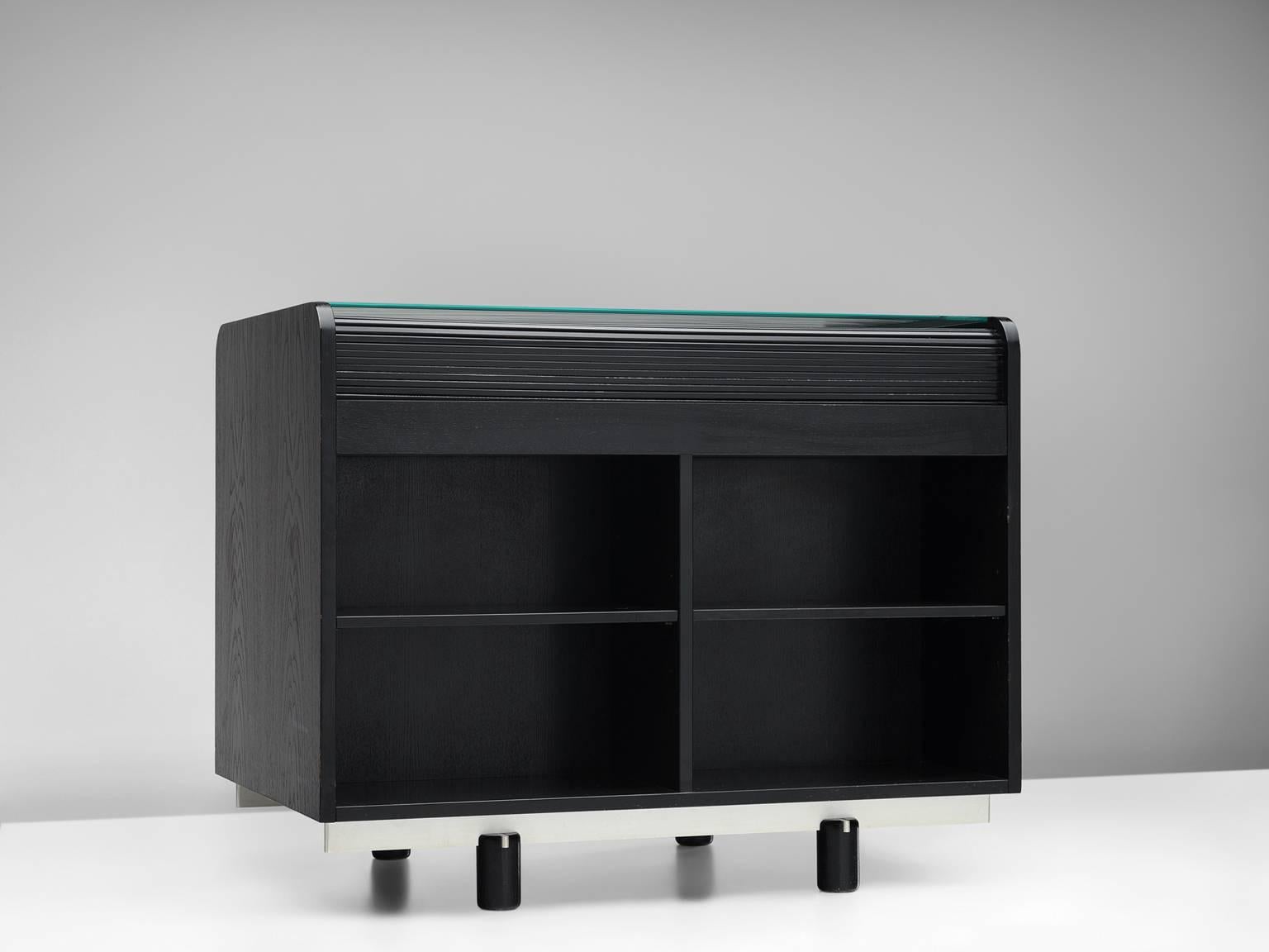 Desk and cabinet by Gianfranco Frattini for Bernini, lacquered wood, crystal, suede, Italy, 1960s. 

This black writing desk is designed by Gianfranco Frattini and made by Bernini. It is a rare to come across an original, black desk of this type.