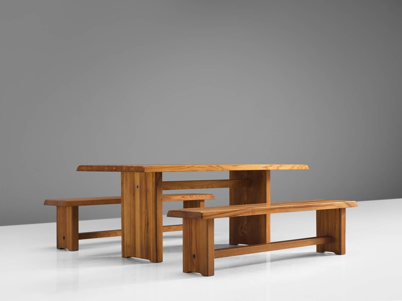 Pierre Chapo, dining table model T14D and benches model S14D, solid elmwood, by France, 1960s. 

This 183 cm dining table and two benches are designed by French designer Pierre Chapo. The rectangular tabletop with sloping edges, rests on a