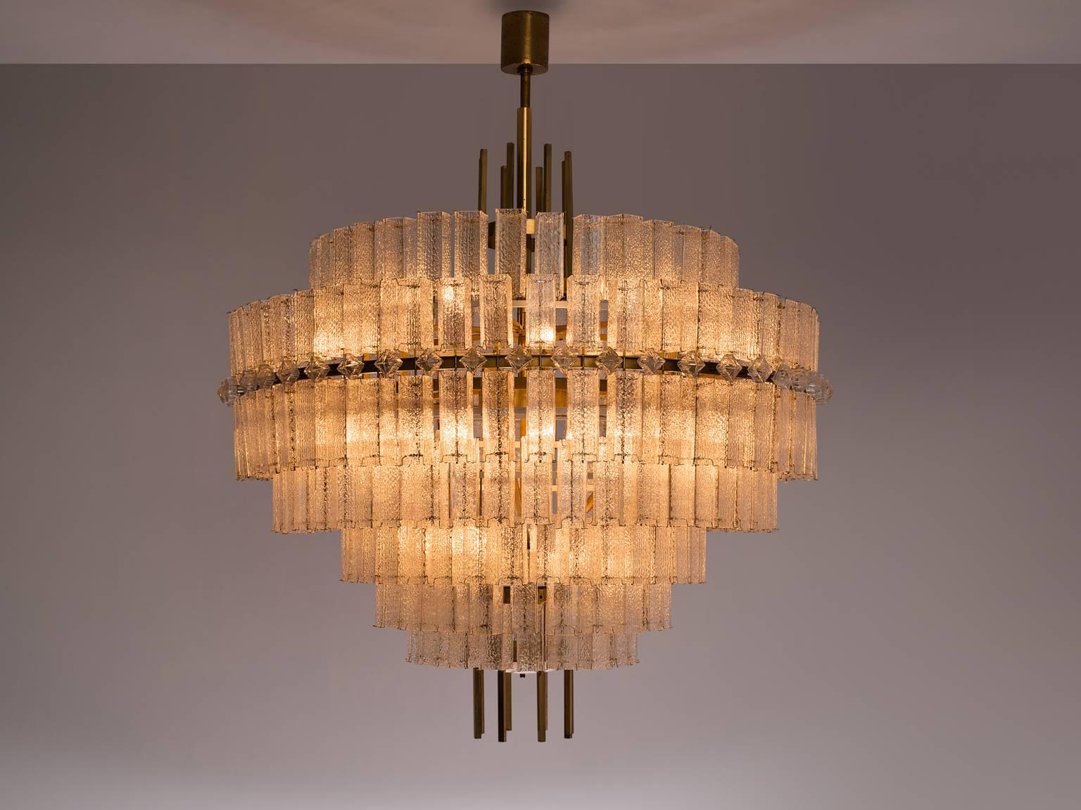 Mid-Century Modern Pair of Very Large Circular Chandeliers in Brass and Structured Glass
