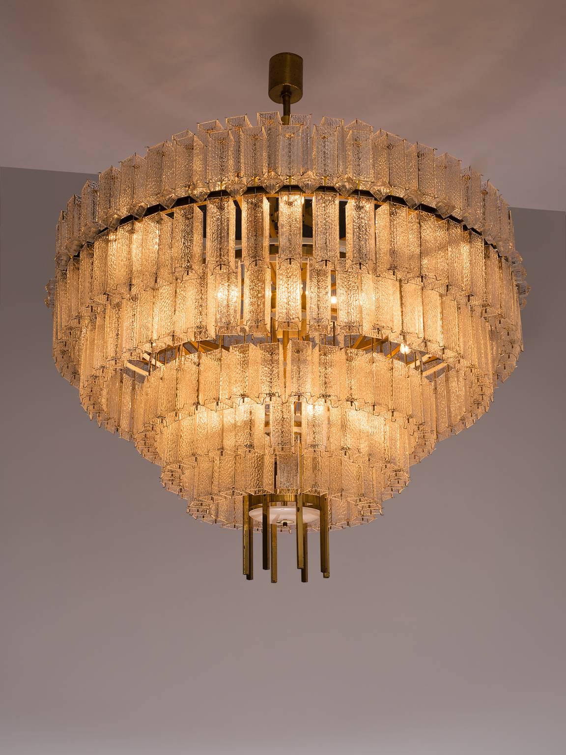 European Pair of Very Large Circular Chandeliers in Brass and Structured Glass
