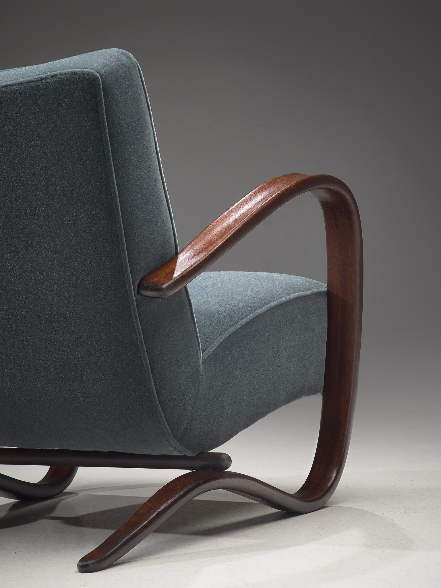 Mid-20th Century Customized Halabala Lounge Chair with Petrol Mohair Upholstery