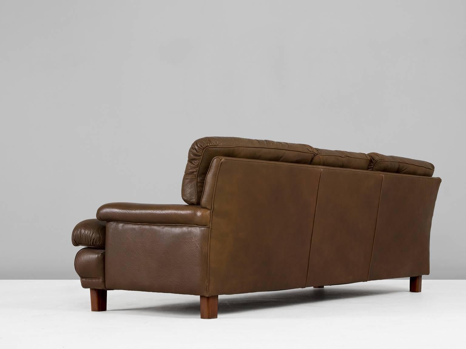 Swedish Three-Seat Sofa with Green Leather by Arne Norell