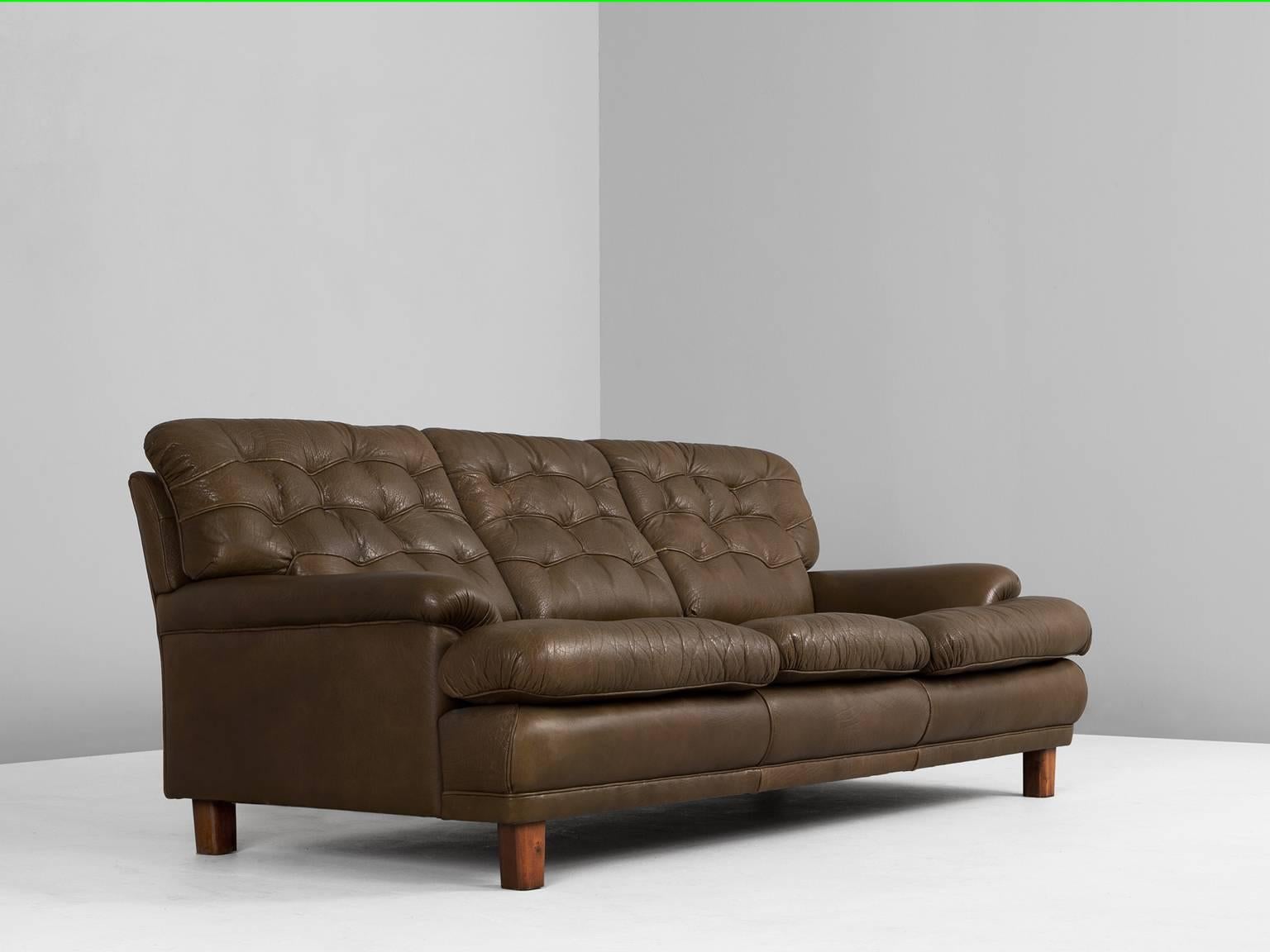 Scandinavian Modern Three-Seat Sofa with Green Leather by Arne Norell