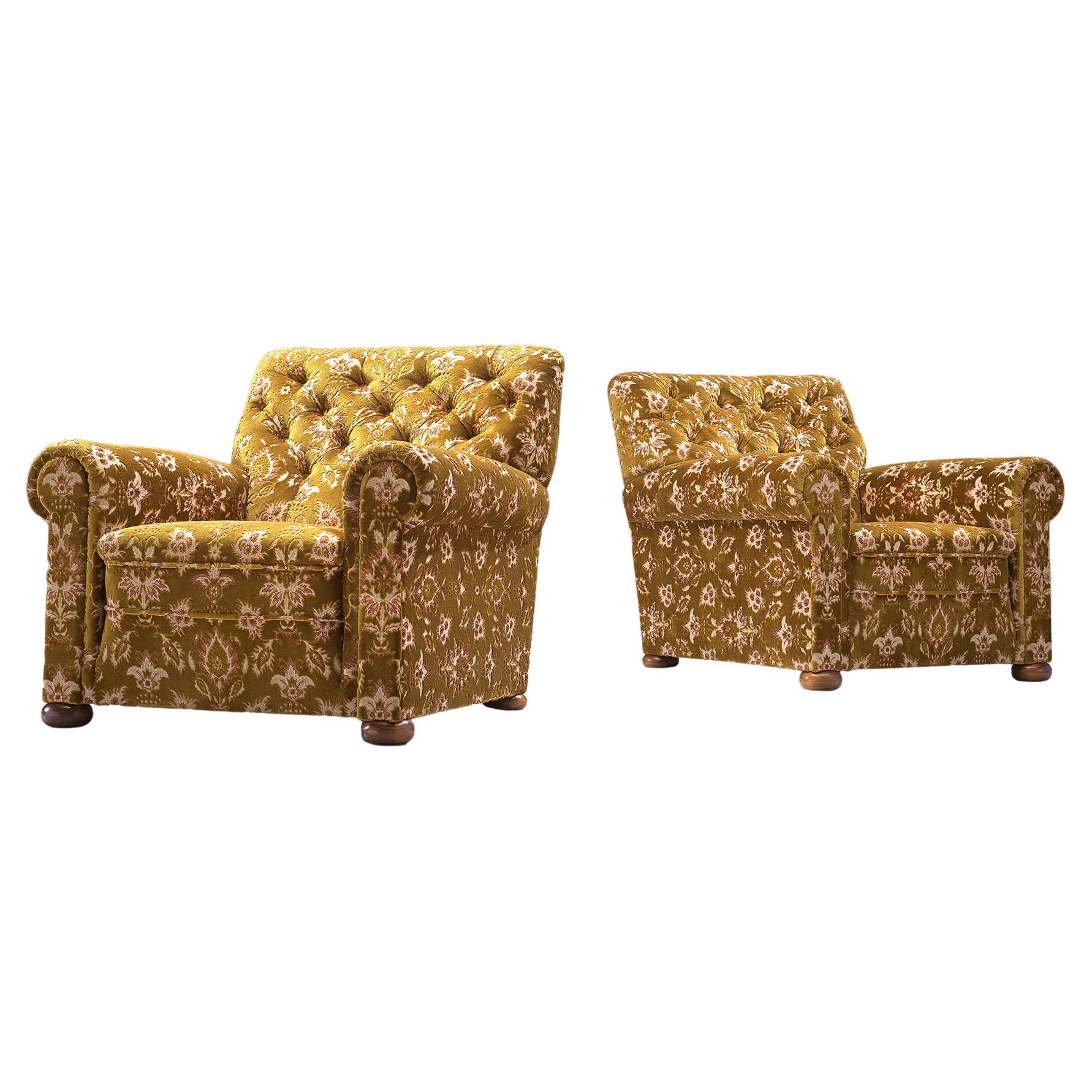 Italian Pair of Art Deco Lounge Chairs in Floral Velvet