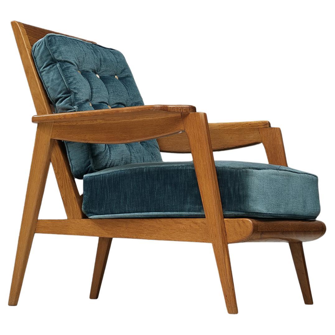 French Armchair in Oak and Blue Velvet 