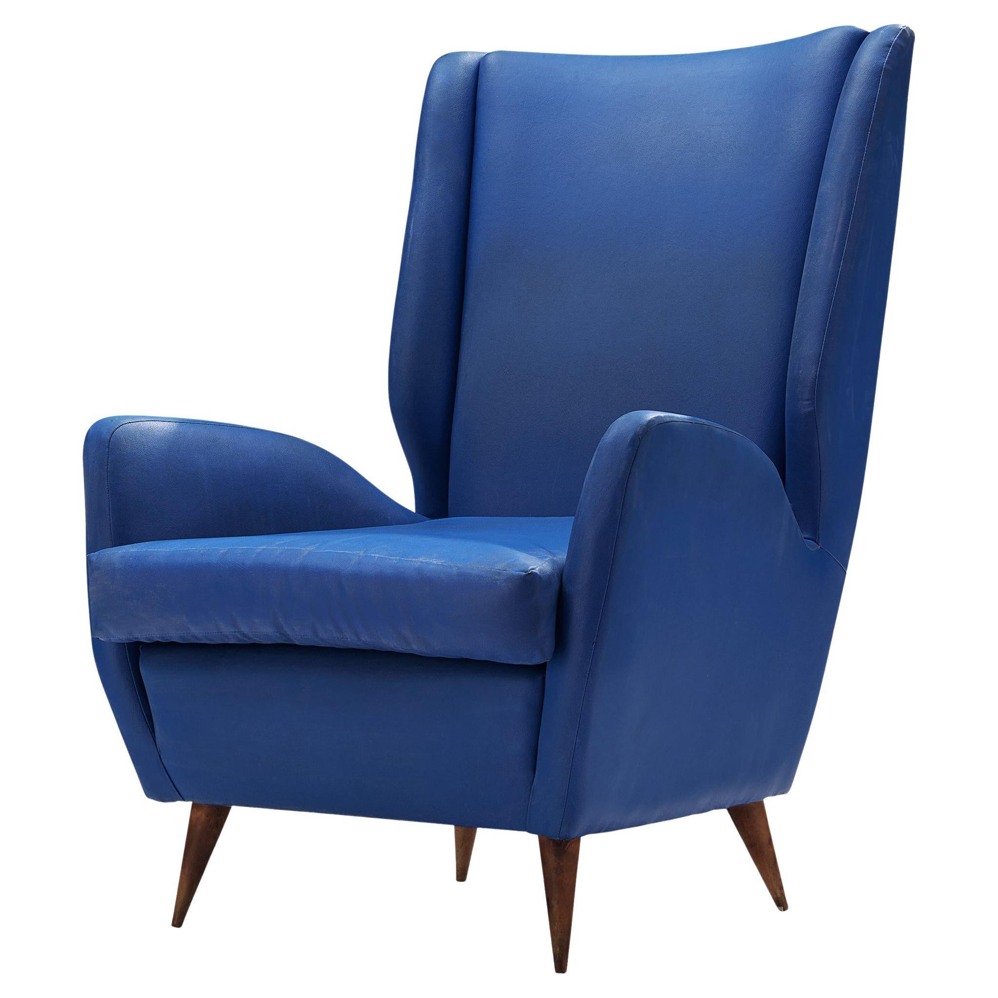 Italian High Back Lounge Chair in Blue Leatherette 