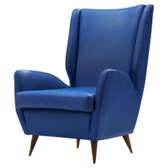 Vintage Italian High Back Lounge Chair in Blue Leatherette 