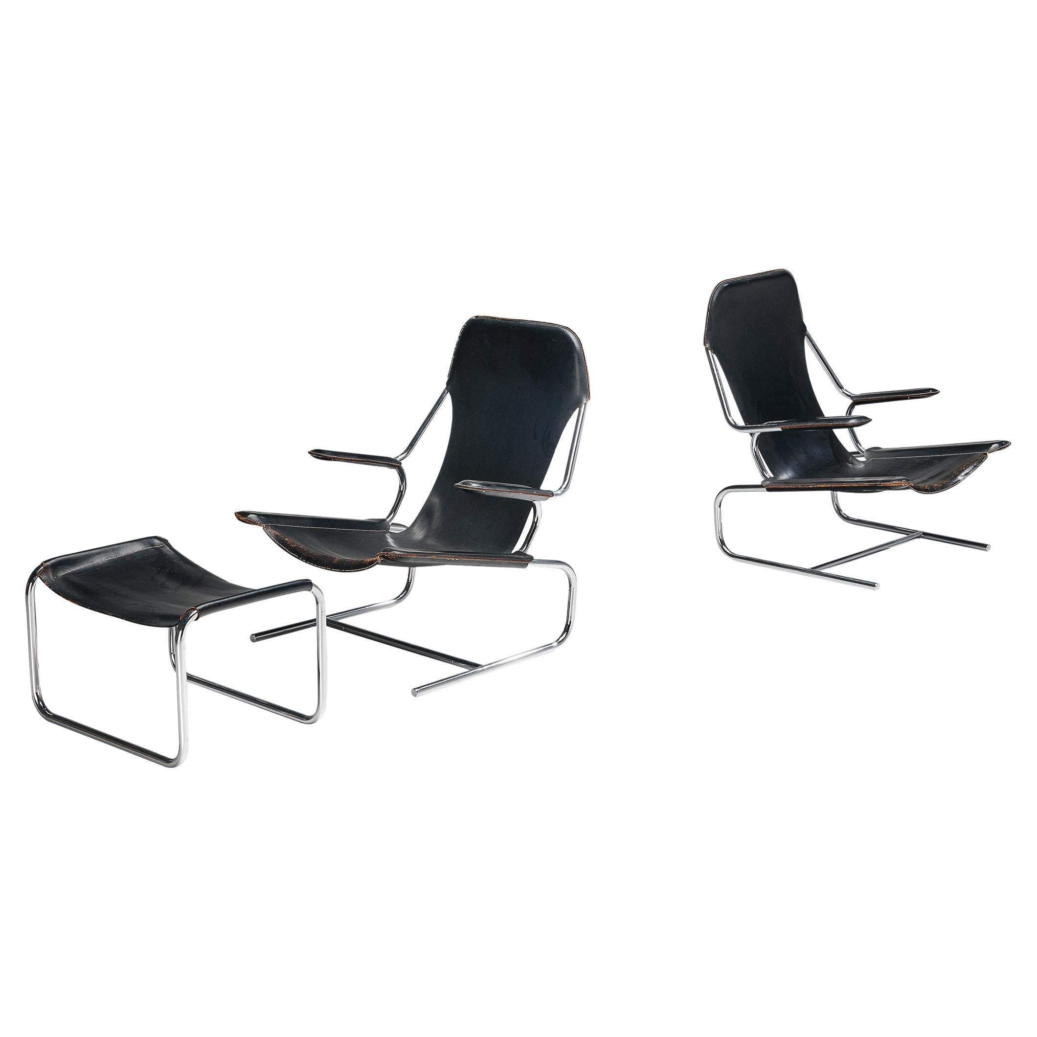 Pair of Tubular Lounge Chairs and Ottoman in Black Leather For Sale