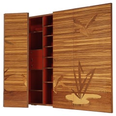 Wall-Mounted Cabinet with Figurative Marquetry Doors in Walnut