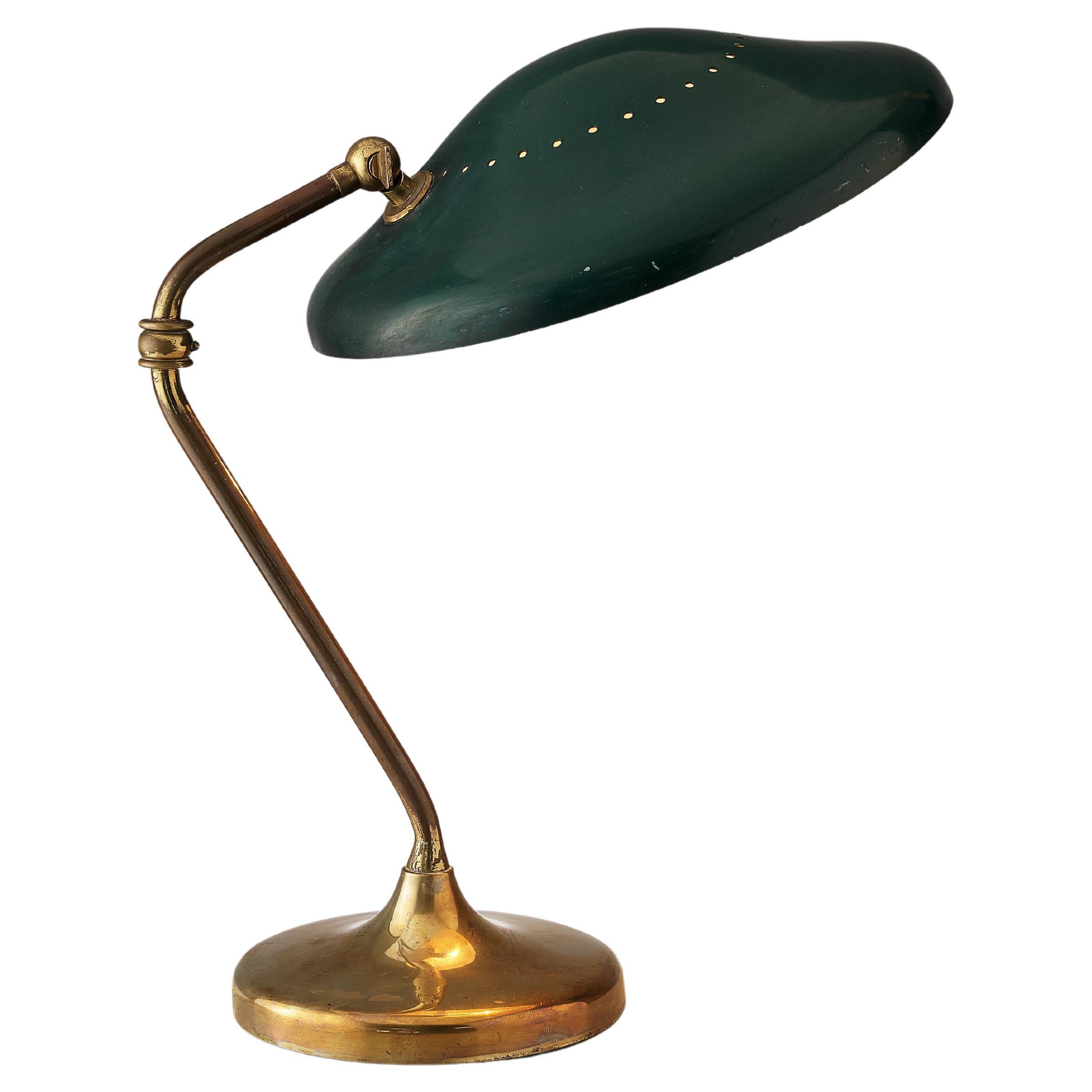 Adjustable Table Lamp in Patinated Brass and Green Metal