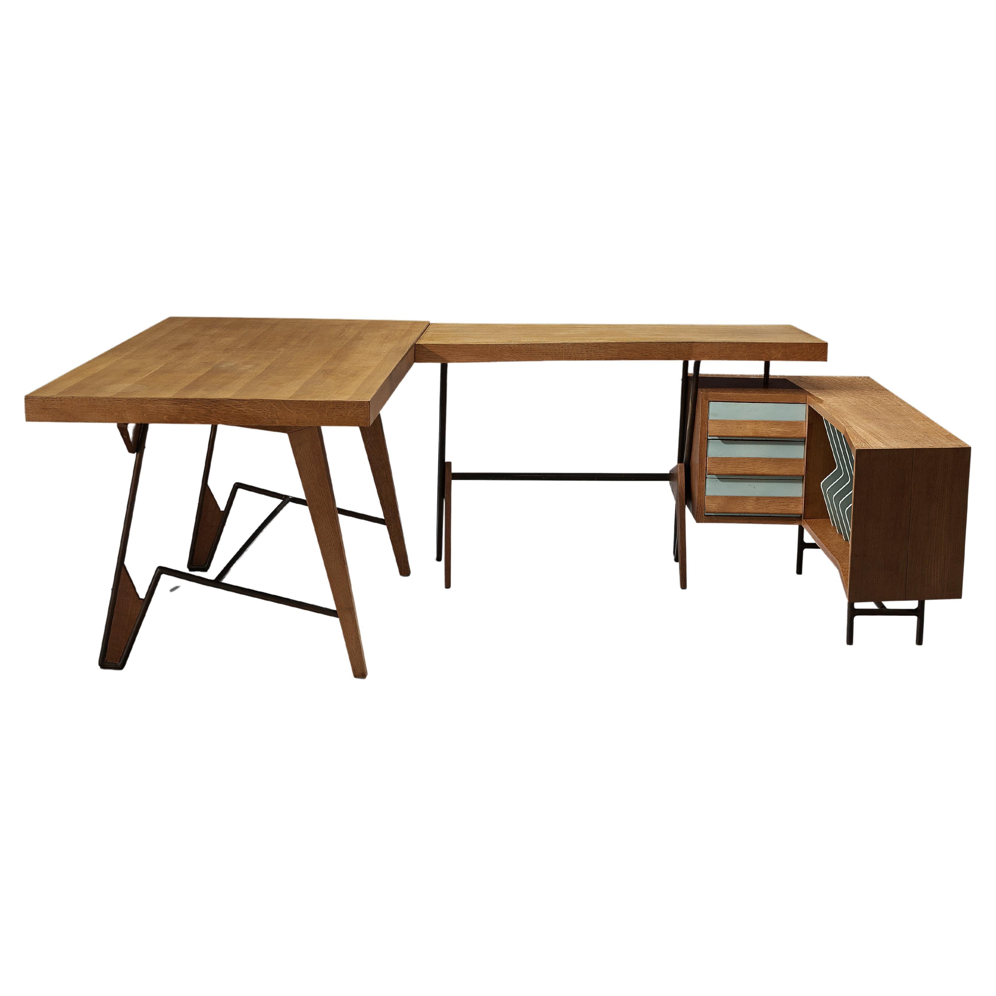Unique Italian Free-Standing Corner Desk in Oak For Sale