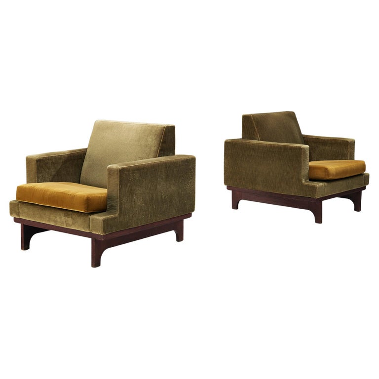 Exquisite Pair of Italian Lounge Chairs in Green and Yellow Velvet Upholstery