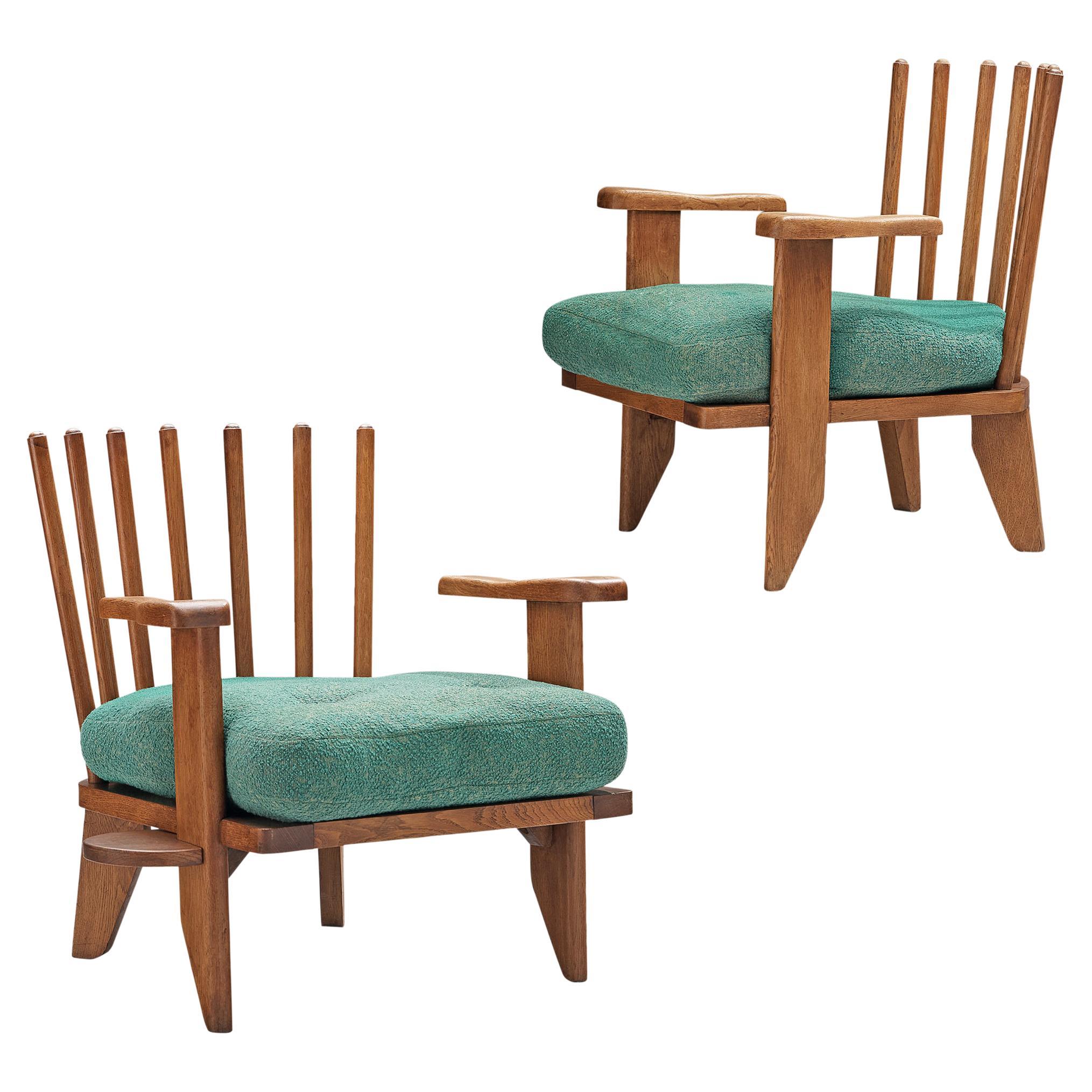 Guillerme et Chambron Pair of Lounge Chairs in Oak and Green Upholstery