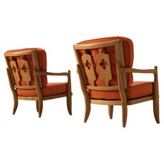 Guillerme & Chambron Pair of Lounge Chairs in Oak and Orange Upholstery