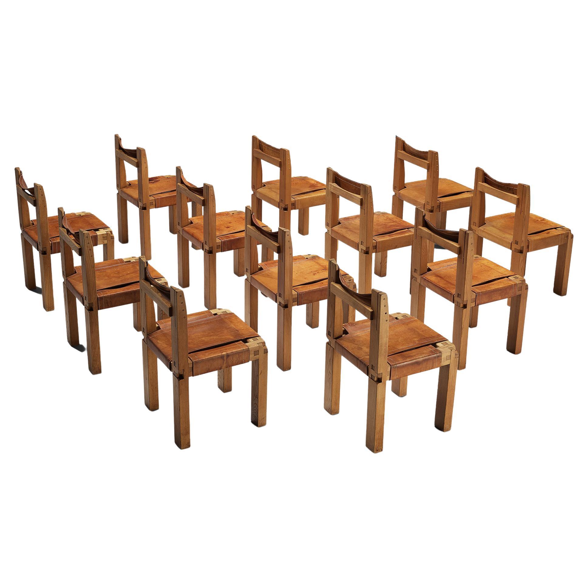 Pierre Chapo Set of Twelve Dining Chairs in Elm and Patinated Cognac Leather