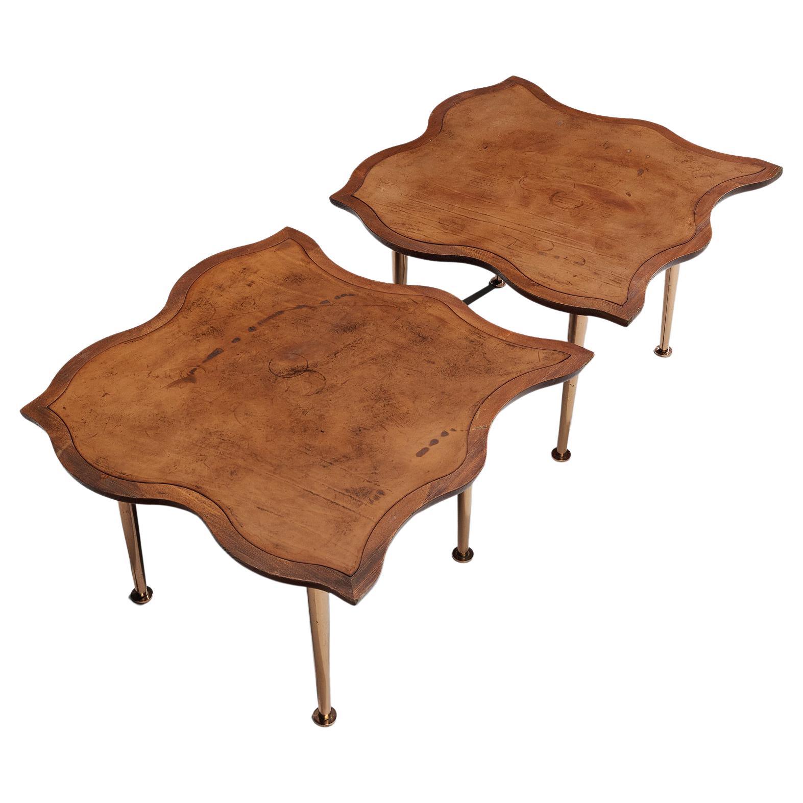 Exceptional Pair of French 'Puzzle' Side Tables in Pine and Leather