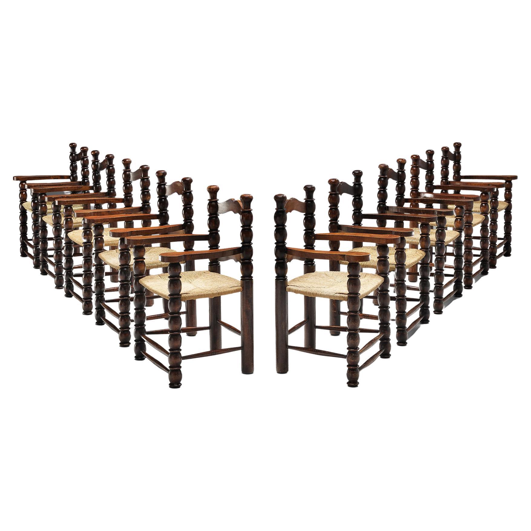 French Set of Ten Dining Chairs in Stained Wood and Straw