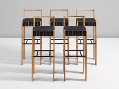 Set of Five Bar Stools in Oak and Canvas