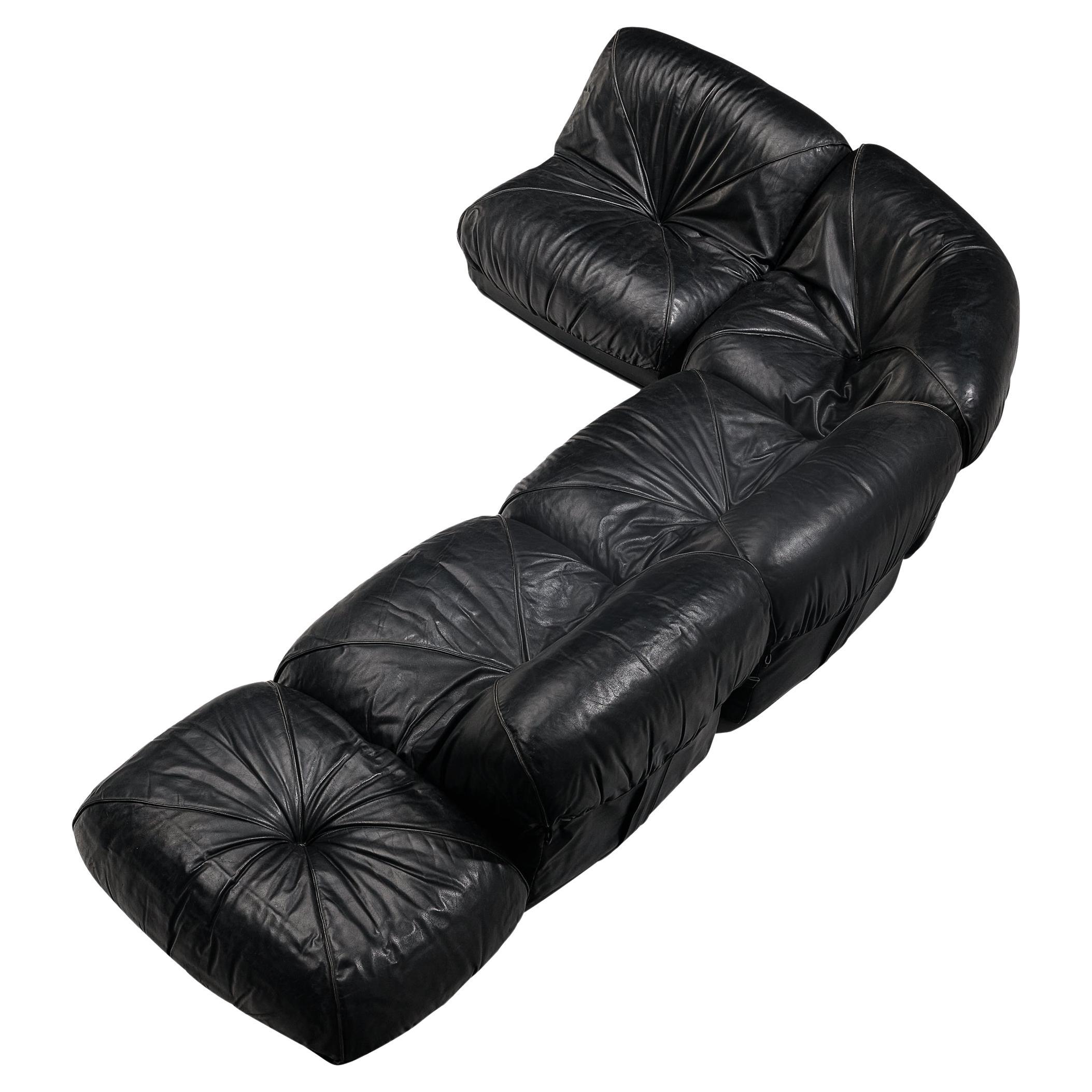 Grand Black Leather Tufted Sectional Sofa with Ottoman at 1stDibs