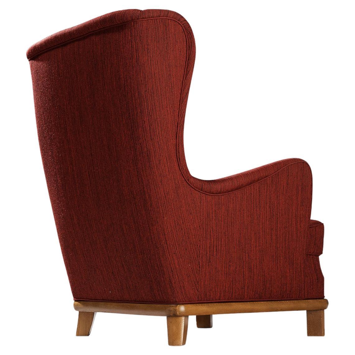 Danish Wingback Chair in Red Upholstery For Sale