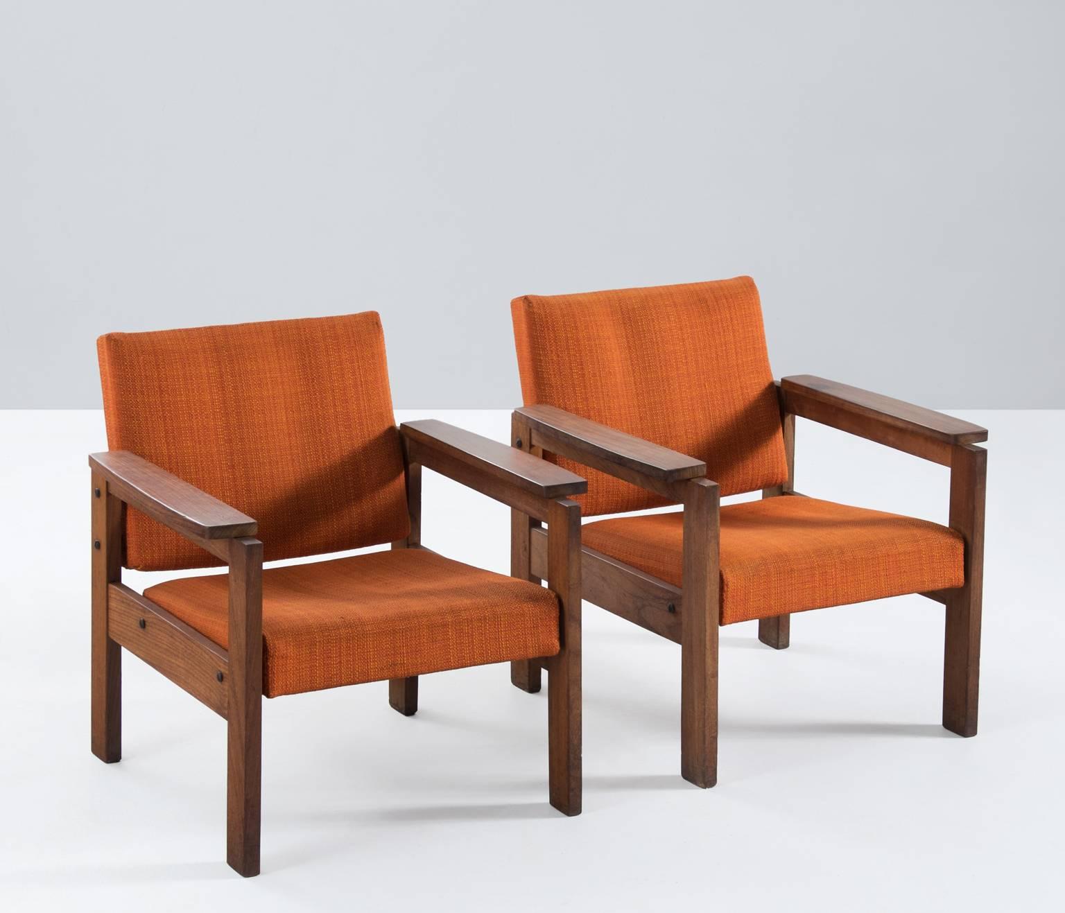 Mid-Century Modern Pair of French Armchairs in Mahogany and Organe Fabric Upholstery