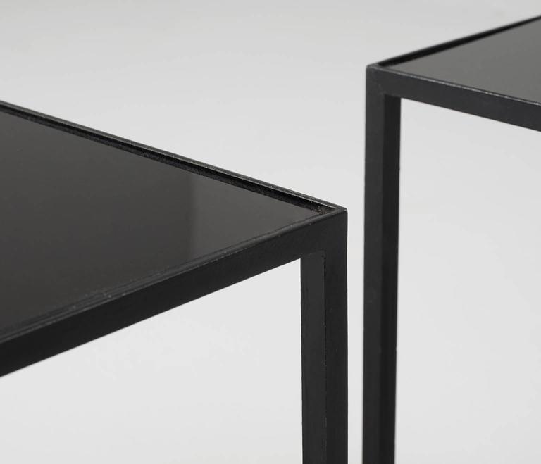 Set of Three Small Black Metal Glass Coffee Tables For Sale at 1stdibs