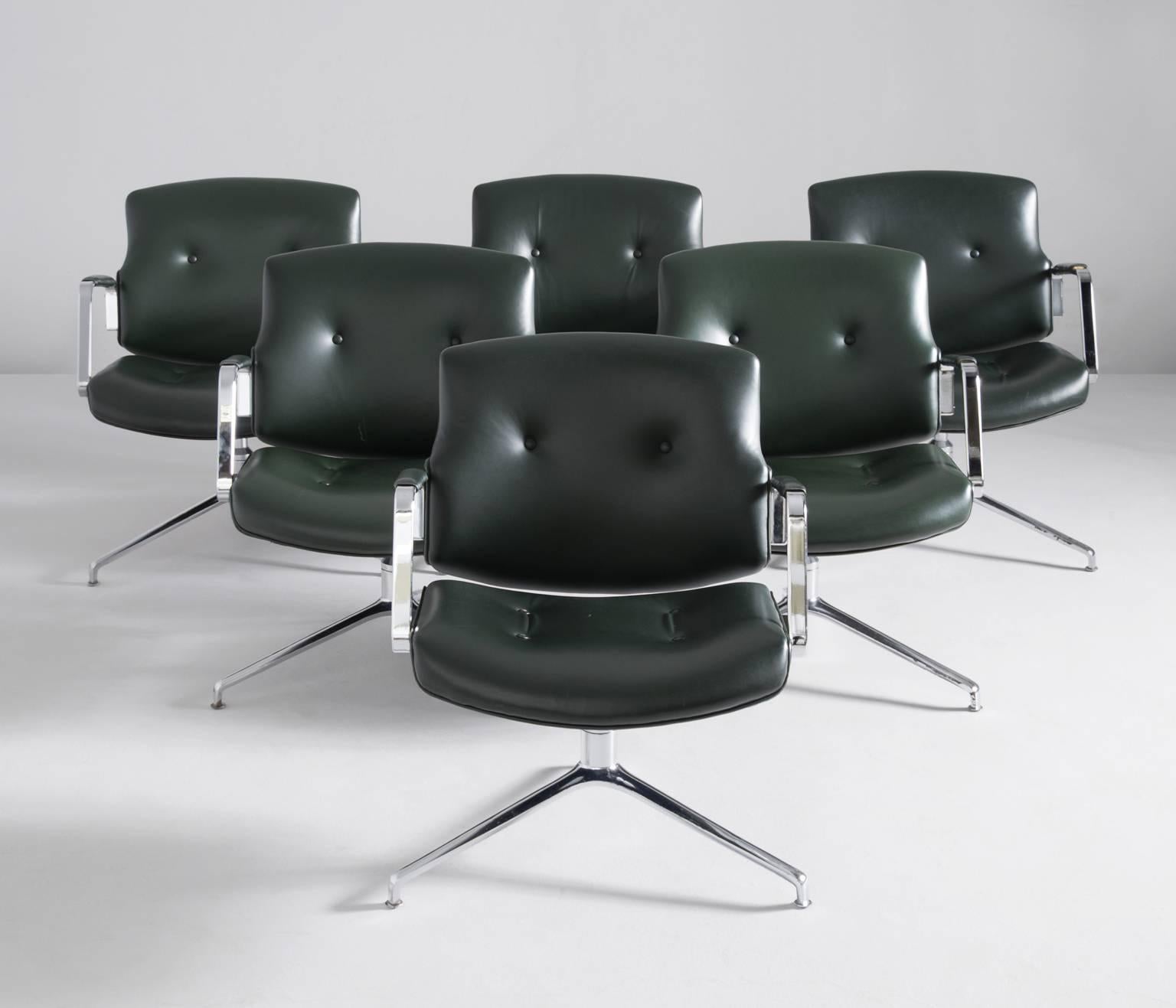 Set of six swivel desk chairs, in steel and leather, by Fabrius and Kastholm for Kill International, Germany, 1970s. 

Very exclusive and rare set of six conference or office chairs (model FK-84) designed by Preben Fabricius & Jorgen Kastholm,