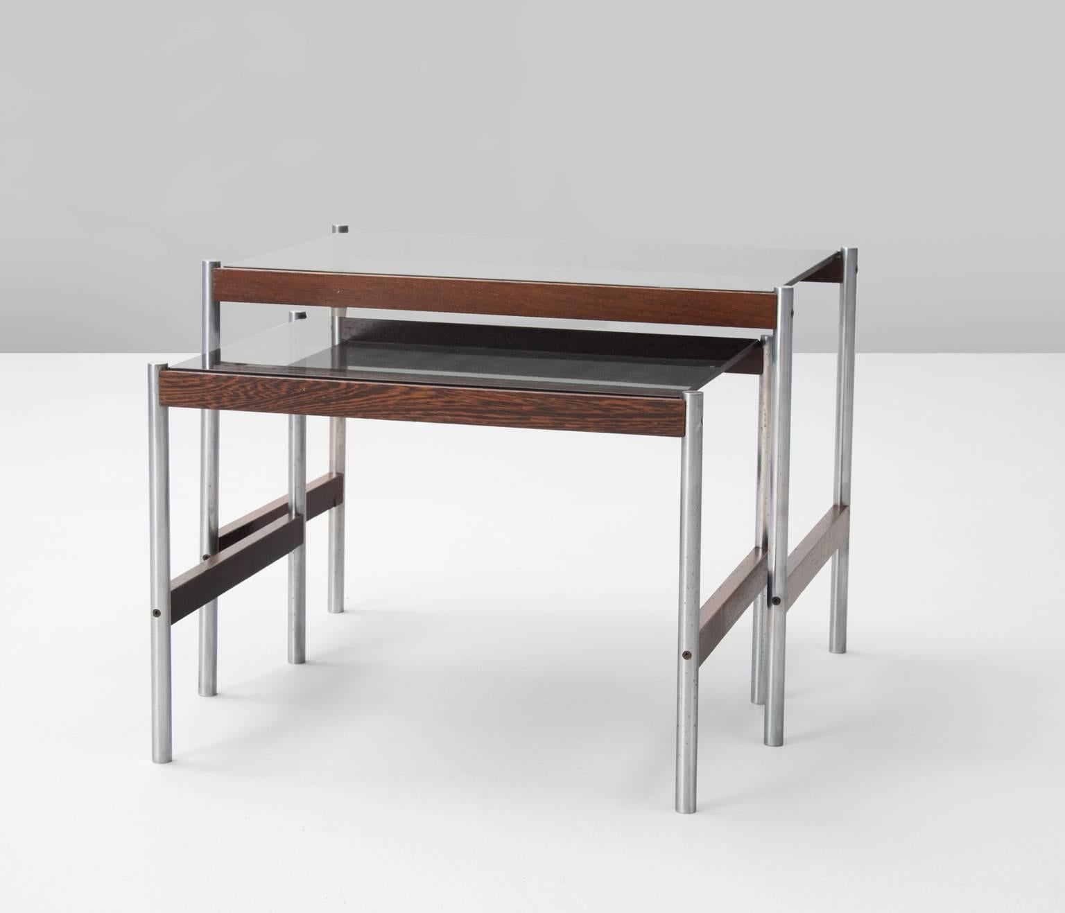 European Set of Two Nesting Tables with Brushed Steel and Wood