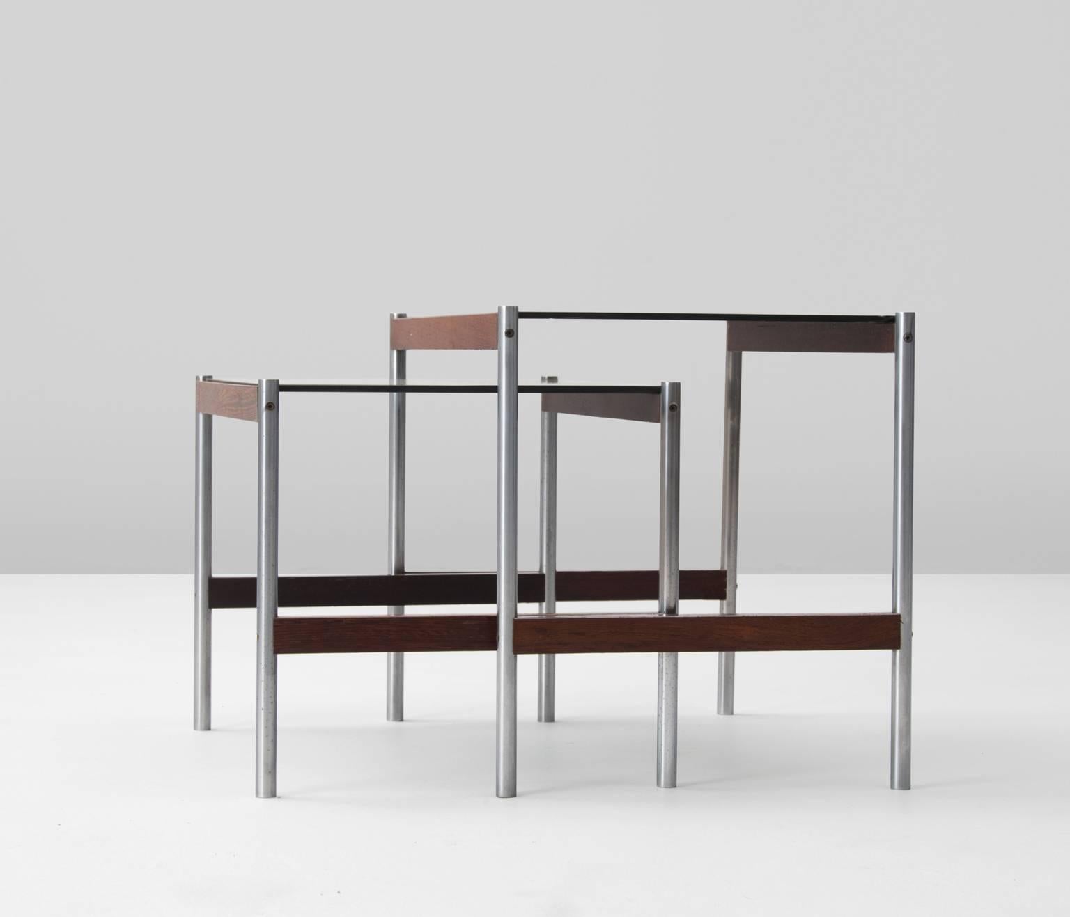 Mid-Century Modern Set of Two Nesting Tables with Brushed Steel and Wood