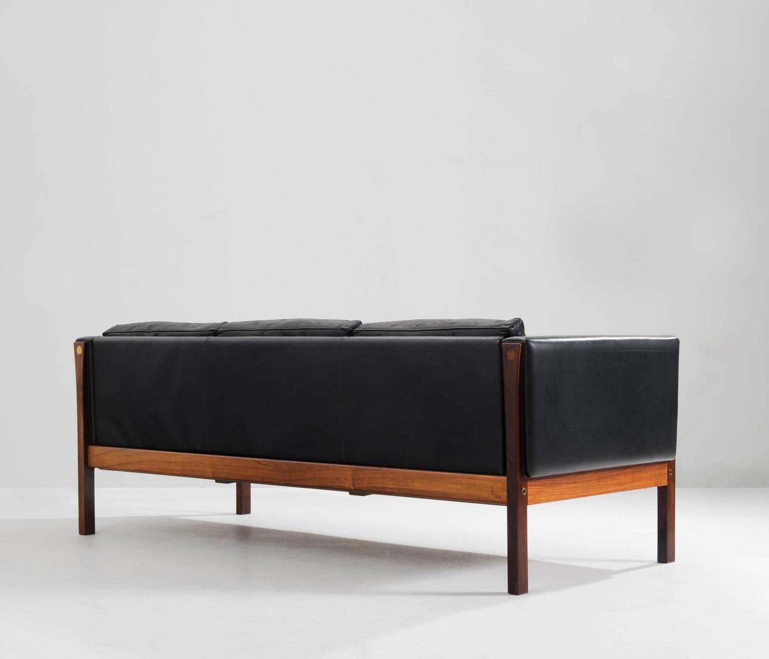 Hans Wegner ThreeSeater Sofa AP62 in Black Leather and Rosewood Hans Wegner ThreeSeater Sofa AP62 in Black Leather and Rosewood