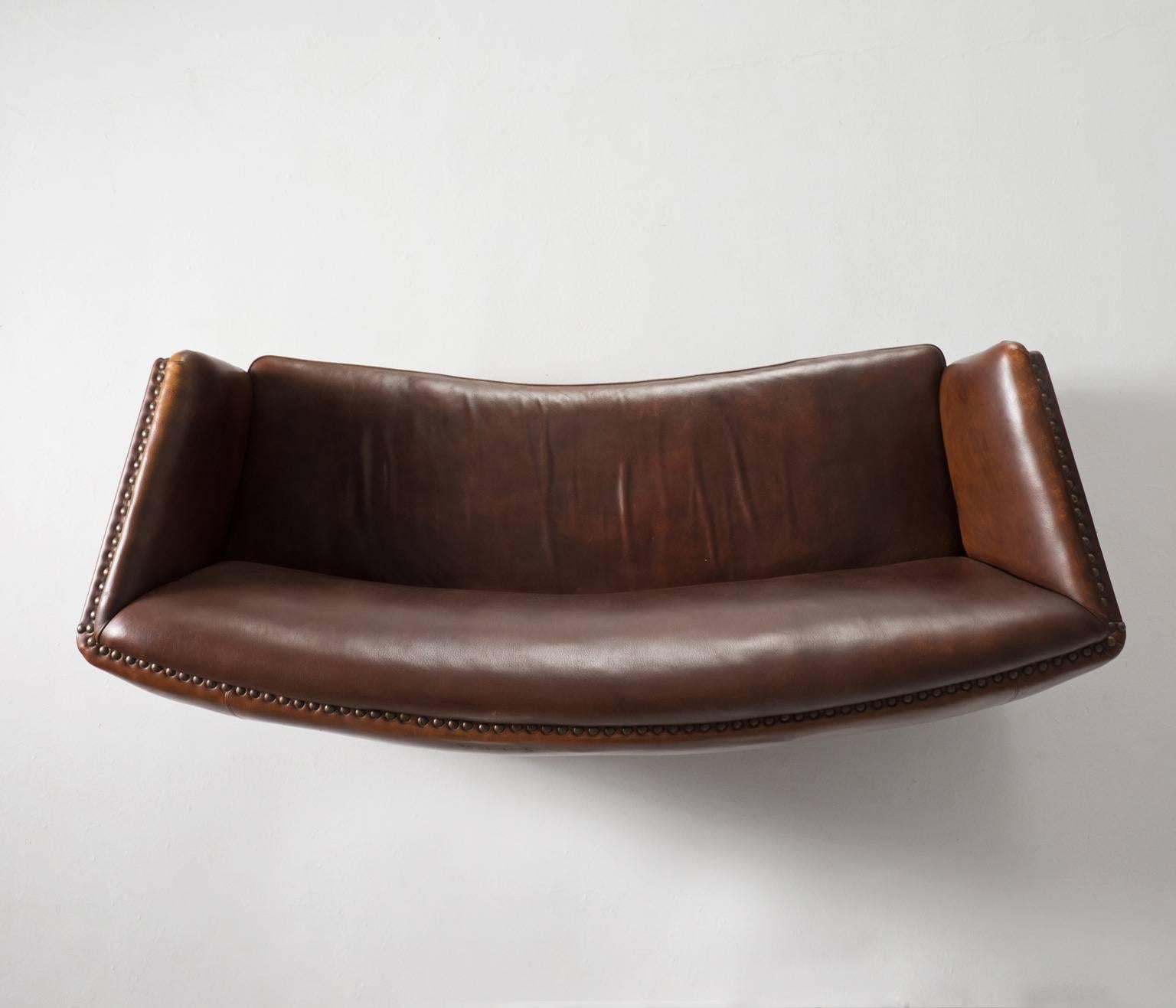 Mid-Century Modern Fritz Hansen Brown Leather Sofa, 1940s