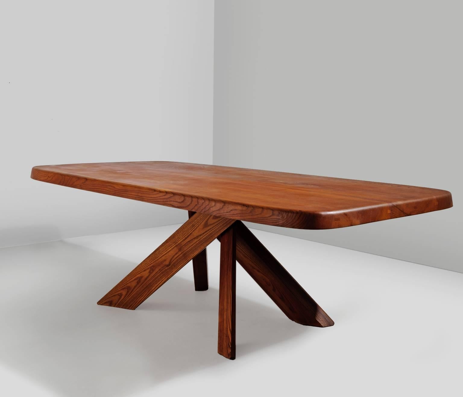 Pierre Chapo Patinated T35D Dining Table in Solid Elm In Excellent Condition In Waalwijk, NL