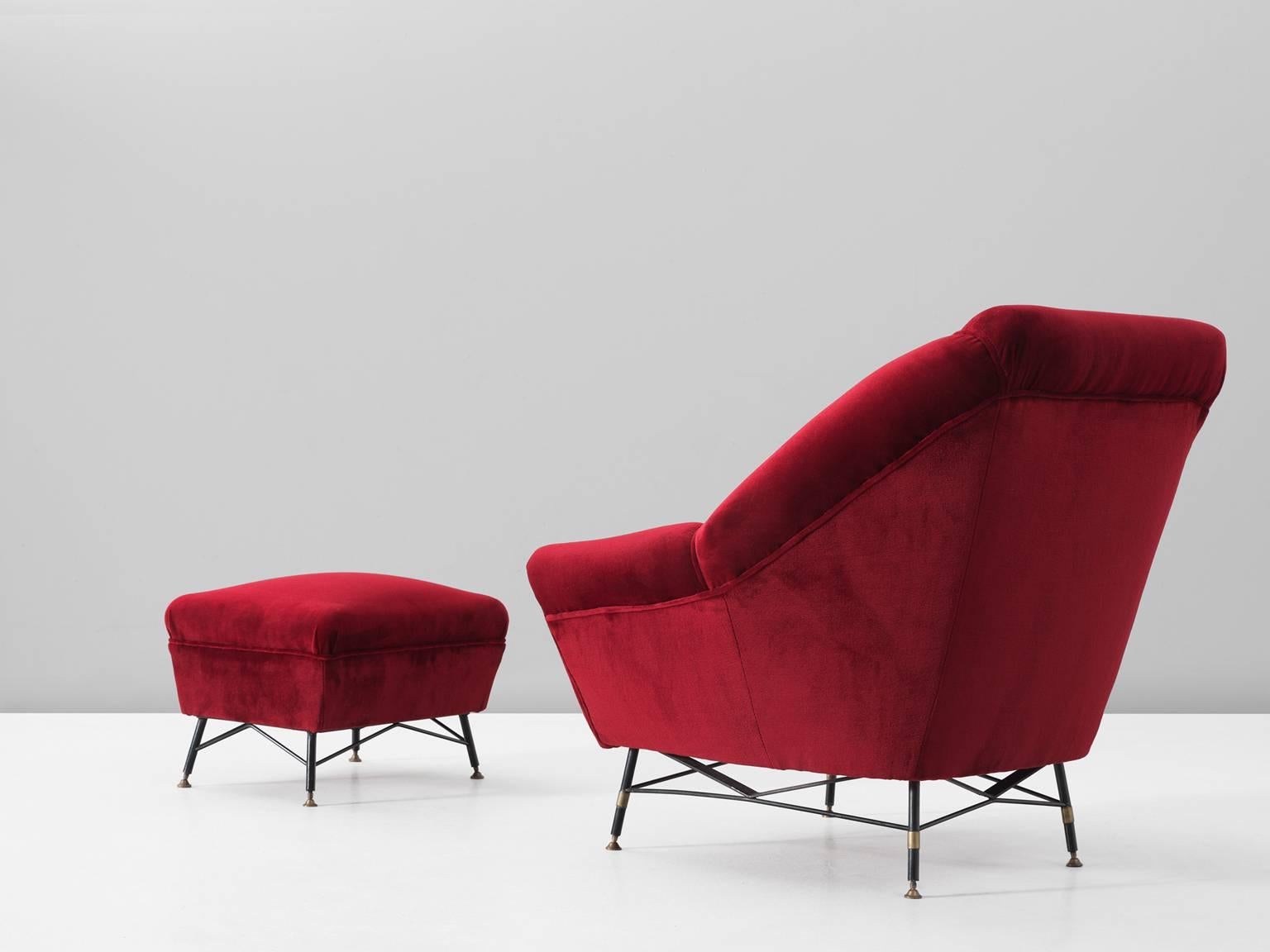 red lounge chair with ottoman