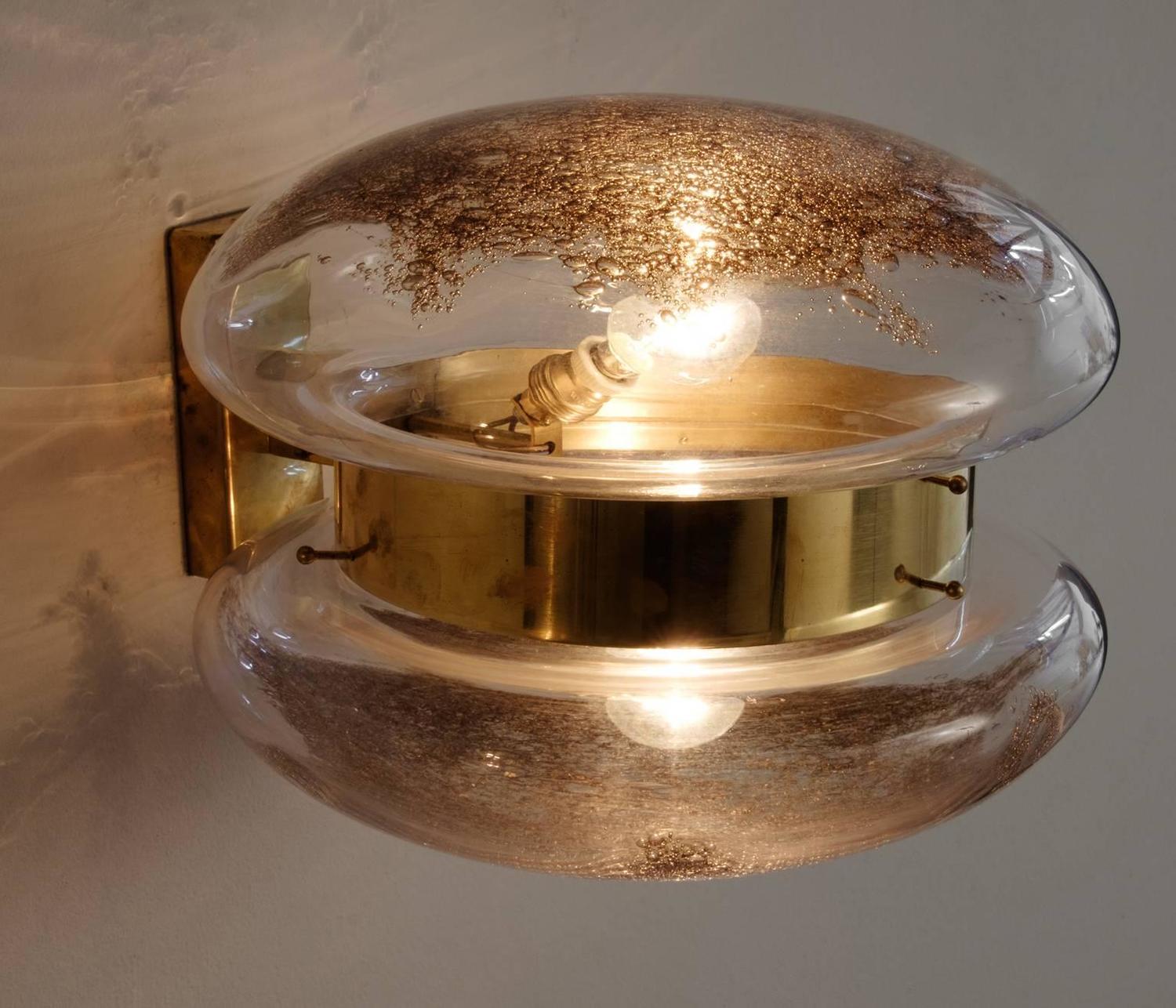 Set of Eight Extremely Large Wall Lamps in Brass and Art Glass For Sale